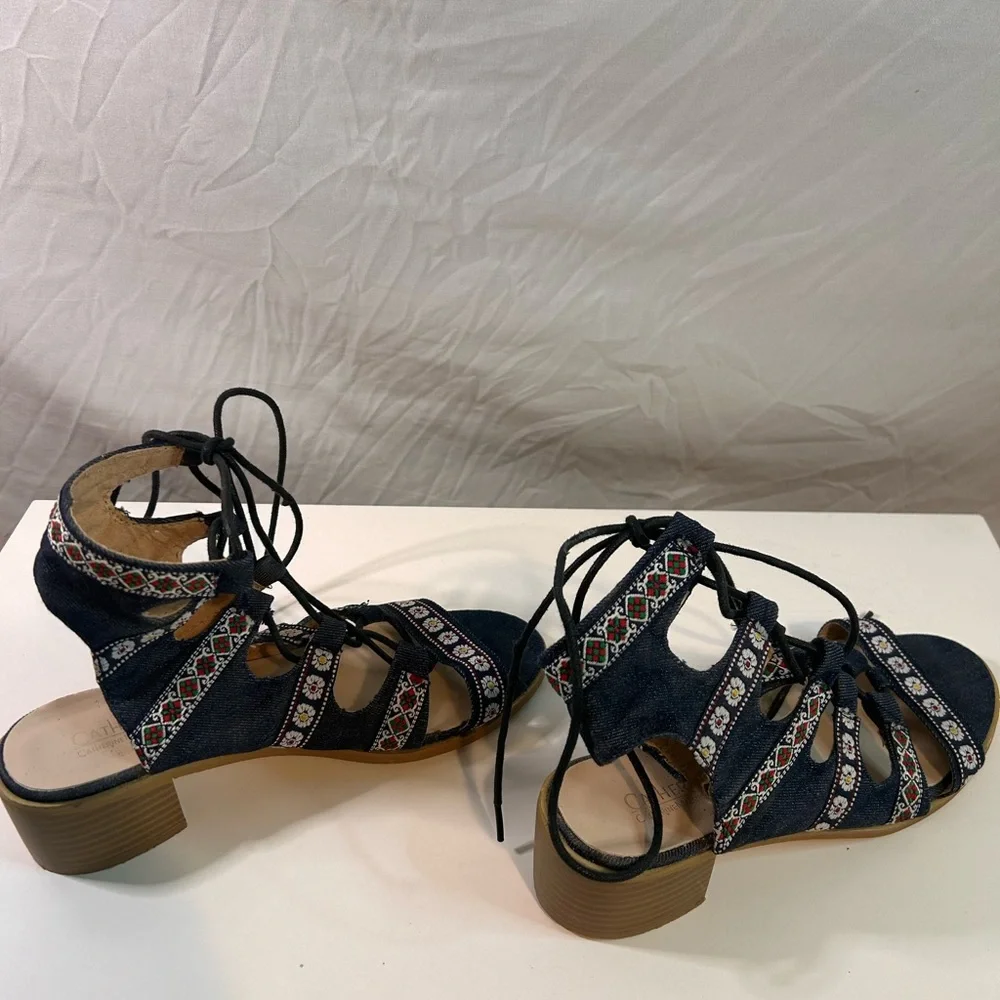 Catherine Malandrino Blue Denim Embroidered Lace Up Block Heel Sandals 7.5
